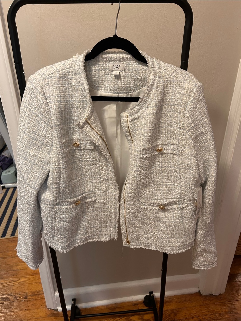 crown & ivy Ivory Tweed Zip and Button Detail Jacket
